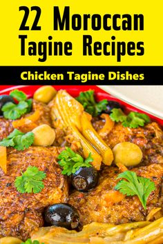 chicken tagine dish with olives and parsley on top in a red bowl