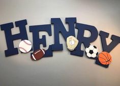 the word henry is made up of letters with sports balls and baseballs on them