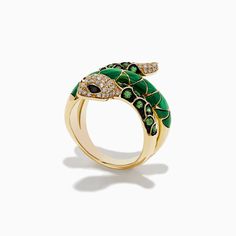 Effy Safari 14K Yellow Gold Multi Diamond & Multi Stone Snake Ring Green Enamel Ring For Formal Occasions, 14k Gold Green Ring With Polished Finish, Luxury Green Tsavorite Jewelry, Luxury Yellow Gold Tsavorite Rings, Luxury Tsavorite Ring Jewelry, Fine Jewelry In 14k Gold With Green Color, Fine Jewelry In 14k Green Gold, Yellow Gold Jewelry With Polished Tsavorite, Fine Jewelry In Green With 14k Stamp