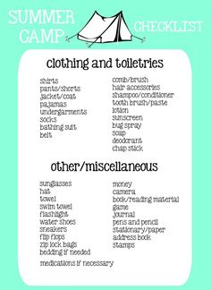 the summer camp checklist includes clothes and toilerbies, other miscellaneous