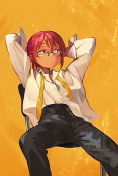 an anime character sitting on a chair with his arms behind his head, wearing glasses and a yellow tie