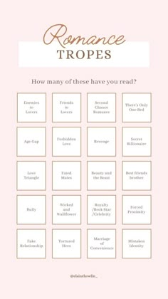 a pink poster with the words, romance tropees how many of these have you read?