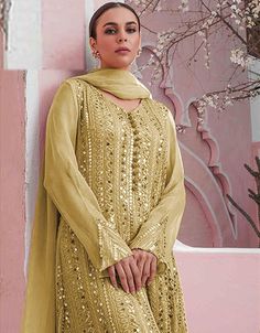 Yellow Sharara style Suit Faux Georgette Salwar Kameez in Embroidery, Sequins & Lace Work – Arabic attire Sharara Style, Yellow Sharara, Green Sharara, Georgette Palazzo, Designer Embroidery, Kameez Designs, Georgette Dupatta, Georgette Tops, Pakistani Suit