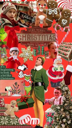 a collage of christmas images with santa claus and other holiday related items in the background