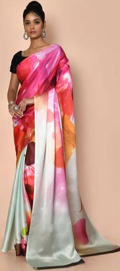 Multicolor color Saree in Satin Silk, Silk fabric with Digital Print, Floral work Luxury Multicolor Katan Silk Pre-draped Saree, Silk Satin Fabric Floral, Multicolor Digital Prints Dupatta For Wedding, Multicolor Floral Print Digital Saree, Multicolor Saree With Floral Print And Traditional Drape, Multicolor Printed Wedding Dupatta, Multicolor Wedding Saree With Printed Motifs, Printed Pink Saree, Wedding Saree With Multicolor Printed Motifs