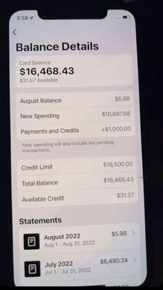 an iphone screen showing the balance details for $ 16, 488 43 and new spending