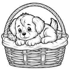 a puppy in a basket coloring page