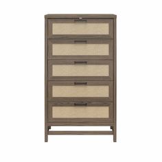 the chest of drawers is made from wood and has four drawers with beige linen on each drawer