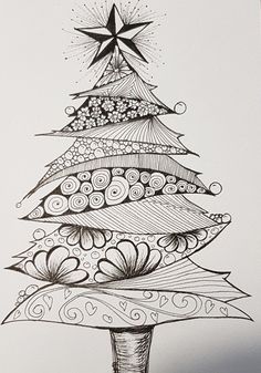 a black and white drawing of a christmas tree