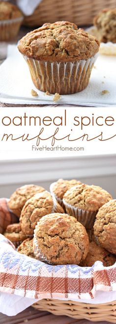 some muffins are sitting in a basket on a table with the words oatmeal spice muffins next to it