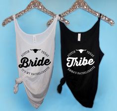 two tank tops that say bride and tribe on them