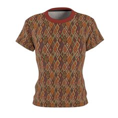 Dive into the rich tapestry of African-inspired fashion with our Geometric African Diamond Pattern All-Over Print T-Shirt. This high-quality garment melds cultural heritage with modern style, making it a versatile addition to any wardrobe. Crafted from 100% polyester, this light fabric t-shirt, weighing 6.0 oz, promises both comfort and durability. The intricate design, featuring an array of warm, earthy tones—burnt sienna, mustard yellow, olive green, and jet black—creates a mesmerizing effect Burnt Sienna, African Inspired Fashion, Inspired Fashion, African Inspired, Cultural Heritage, Intricate Design, Earthy Tones, Diamond Pattern, Jet Black