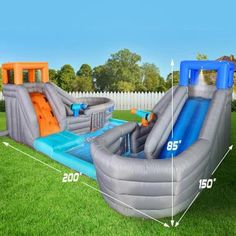 an inflatable water slide is shown with the measurements for it to be installed