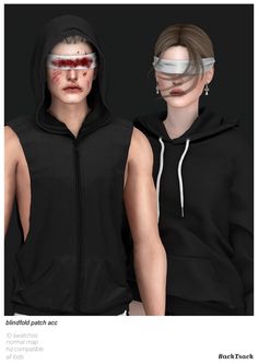 two people with blindfolds on their faces are standing next to each other in front of a black background