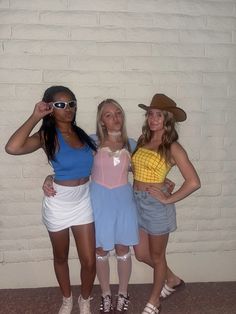 three women dressed up in costumes posing for the camera