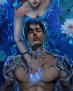 an image of two people in the water with flowers on their chest and one woman holding her head