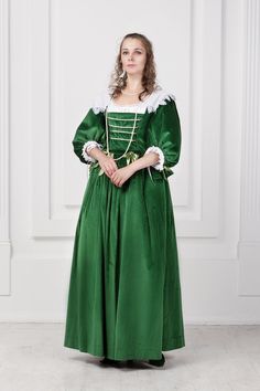 Noble woman dress tailored in European fashion trends of the begining 17th century. This dress tailored according to pictures of Anne of Austria (wife Louis XIII of France). Dress is 100% handsewn and tailored with natural fabric - beautiful green velvet 100% cotton!  And created with patterns using the book "Seventeenth-Century Women's Dress Patterns: Book 1", Susan North, Jenny Tiramani. This costume consists of skirt and bodice, which joined together with ribbons. Chemise is not included. The Noble Woman Dress, 1600s Dresses, Women's Dress Patterns, 1600 Dress, 17 Century Fashion, 17th Century Dress, Noble Woman, France Dress, Historical Clothes