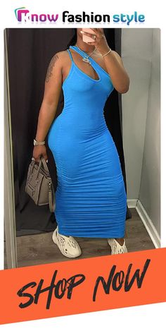 Blue Sexy Casual Solid Hollowed Out Fold One Shoulder Sleeveless Dress Sleeveless Dress, One Shoulder, Bodycon Dress, Shop Now, Maxi Dress, Dresses, Blue