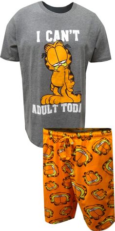 Don't you wish you could curl up and take a nap? Garfield has the right idea- no adulting today! These pajamas for men feature everyone's favorite cat. The gray tee shirt is paired with printed sleep jams, which are about knee length. Pajama bottoms have a drawstring tie with an elastic waist and two pockets. Funny Pajamas Men, Weird Pajamas, Casual Graphic Print Sleepwear For Lounging, Casual T-shirt With Letter Print For Pajama Party, Casual T-shirt With Graphic Print For Pajama Party, Casual Graphic Print T-shirt For Pajamas, Casual Cotton T-shirt For Pajama Party, Garfield Outfit, Fat Orange Cat