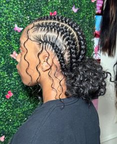 Braided Back With Curly Hair, Add On Hairstyles, Cornrow Buns With Curls, Cornrow Braids Into 2 Buns, Braids With Two Buns In The Back, Feed In Braids Hairstyles With Curls, Feed In Braids Bun To The Back, Stitch Braids Buns, Feed In Buns With Curls