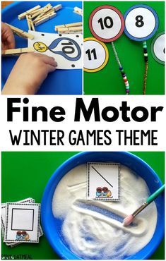 the fine motor winter games theme is shown in this collage with pictures and text