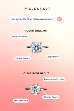 three different types of engagement rings on a pink and white background with the words, round brilliant