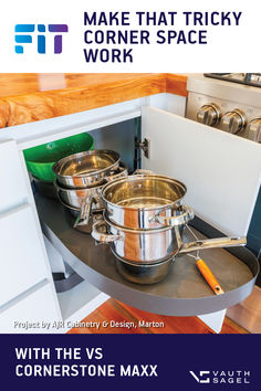 a kitchen with pots and pans on the counter