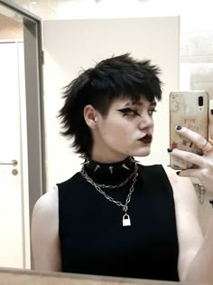 Mullet With Undercut Hairstyle Women, Shag Hair With Undercut, Mohawk Down, Shaggy Mullet Shaved Sides, Goth Mullet Shaved Sides, Short Black Mullet, Gothic Mullet, Emo Pixie Haircut, Alternative Hairstyles Short