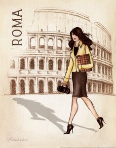 a drawing of a woman walking in front of the roman colossion with her purse