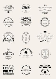 the logos and emblems for various types of items in black and white, including palm trees