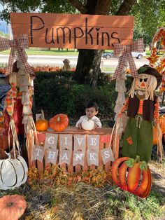 a little boy sitting in front of a pumpkin display with the words give thanks written on it