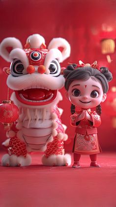 two figurines are standing next to each other in front of a red background