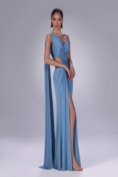 Sara Badr 27554 Spring 2024 evening collection dress. Luxury Draped Dress With Fitted Bodice, Luxury Draped Dresses For Galas, Gala Dress With Draped Fitted Bodice, Pre-draped Draped Dress For Gala, Pre-draped Maxi Length Cocktail Evening Dress, Draped Cocktail Dress For Prom Season, Gala Draped Dress With Fitted Bodice, Gala Draped Evening Dress, Pre-draped Long Evening Dress For Cocktail