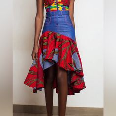 This Style Is Fully Constructed By Hand Using Soft, Stretchy Denim Fabric And Wax Print Papayeasa Fabric. This Hi-Low Skirt Has A Full Flare Shape And Faux Fly And Pocket Details. Closure Is A Zipper In The Back. Size 8, 30inch Waist From Ghana Kickback Party, High Low Skirt Pattern, Crafty Fashion, Ankara Skirt Styles, African Couture, Ankara Dress Designs, Ankara Clothing, Hi Low Skirts, Nigerian Fashion