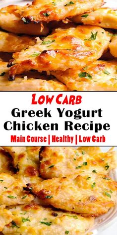 low carb greek yogurt chicken recipe on a white plate with text overlay