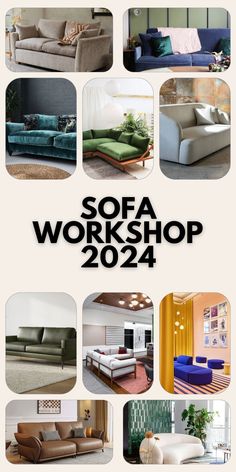 an advertisement for the sofa workshop shows different types of couches and chairs in various colors