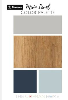 the color palette for this wood panel is light brown, blue and gray with white accents