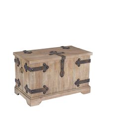 the trunk is made out of wood and has metal handles