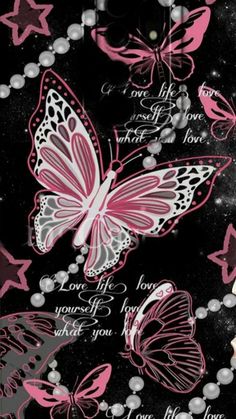 pink butterflies and pearls on a black background