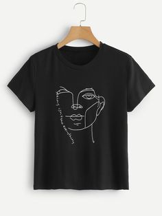 #ad Face and Letter Tee. Price: $10.00. Black Casual Short Sleeve Letter Fabric has some stretch Summer T-Shirts. Length: Regular,Sleeve Length : Short Sleeve, #Women #Clothing #Tops #TShirts #WeekendCasual #Womens #Fashion #Looks #Style #Beauty Diy Clothes For Women, Woman Tshirt, Stile Casual Chic, Painted Clothes, Short Sleeve Pullover, Edgy Outfits, Art Clothes, Cute Shirts, Diy Fashion