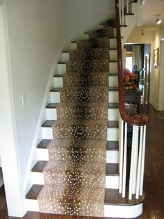 a stair case with white and brown spots on the treads in front of it