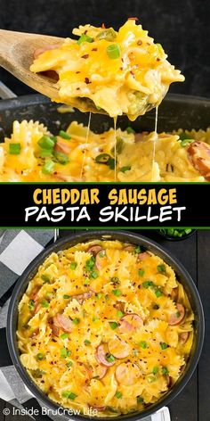 cheddar sausage pasta skillet is an easy and delicious dinner that's ready in less than 30 minutes