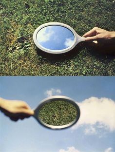 two pictures with one being magnifying the other is looking at grass and blue sky