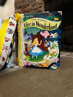 there is a book with the title alice in wonderland on it next to a stuffed animal