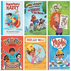 four children's books with different illustrations on the covers and title in each book