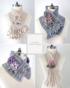 crochet patterns for scarfs and scarves with flowers on the front, side, and back