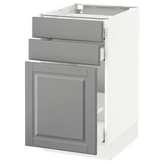 a white cabinet with two drawers and one door open