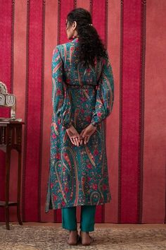 Teal blue floral and paisley print kurta highlighted with sequin embroidery. Paired with a pant and belt. - Aza Fashions Festive Bohemian Paisley Print Sets, Festive Paisley Print Straight Kurta, Festive Straight Kurta With Paisley Print, Festive Paisley Print Kurta, Blue Fitted Floral Print Kurta, Fitted Blue Kurta With Kalamkari Print, Kurta Pant Set, Women Kurta, Sequin Embroidery