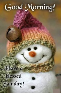 a snowman wearing a knitted hat and scarf with the words good morning have a blessed sunday