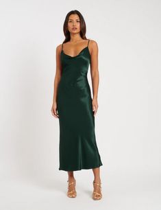 Green Cowl Neck Bridesmaid Trixie Midi Dress Green Satin, Shop Swimwear, Trending Dresses